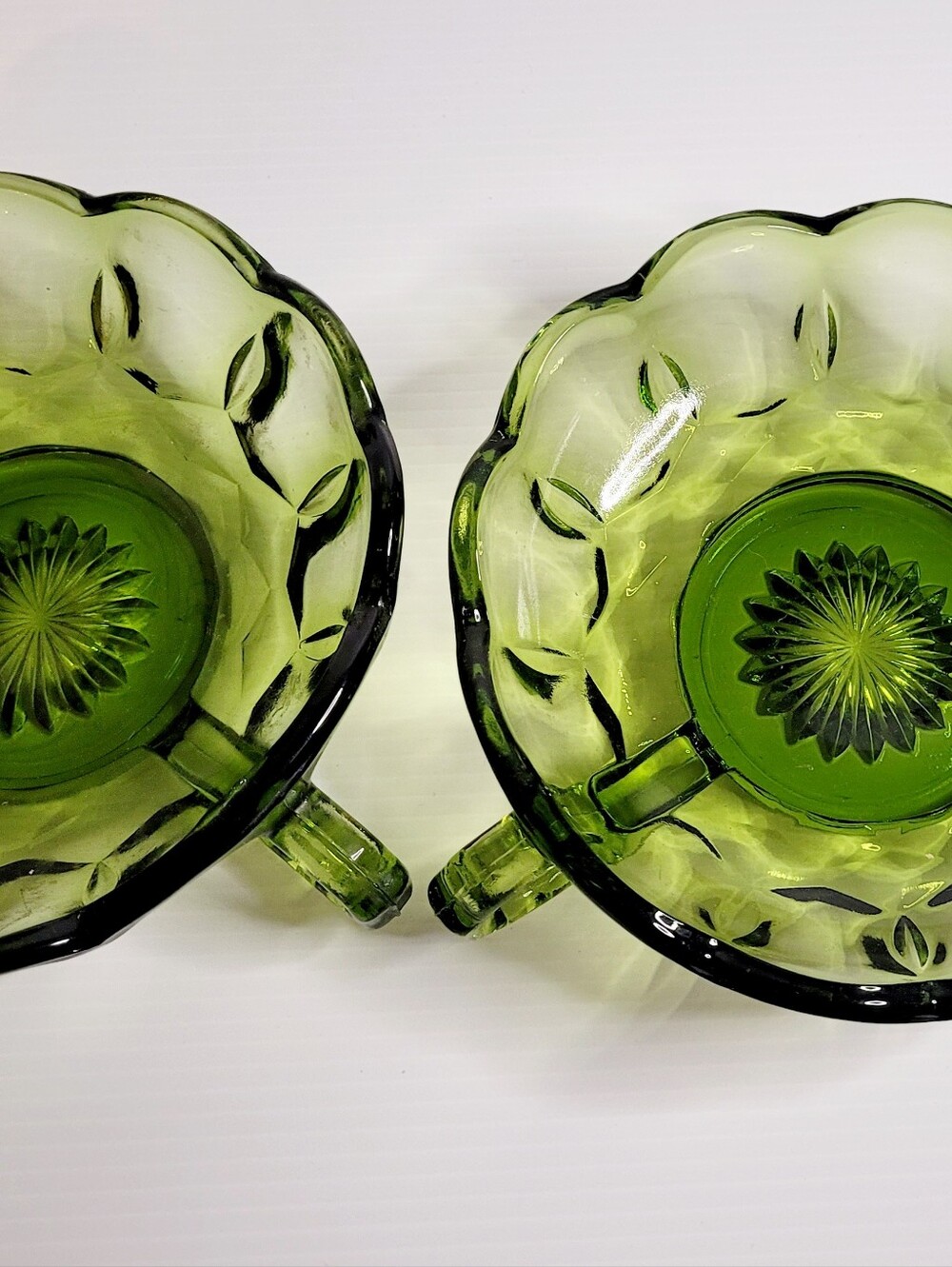 Vintage Green Glass Handled Bowls Set of 2 Olive Avocado Thumbprint Style